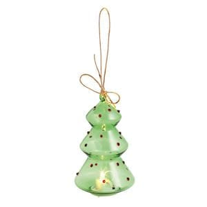Mudpie green glass tree ornament with gold bow, polka dots, and light-up interior