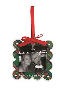 Tartan plaid photo ornament with red ribbon bow and best friend ever text