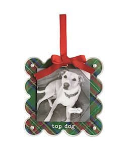 Tartan plaid photo ornament with red bow and top dog label featuring dog photo