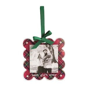Mudpie red tartan square photo ornament with green bow, reads best gift ever