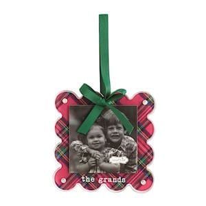 Red tartan photo ornament with green ribbon bow reading 'the grands'