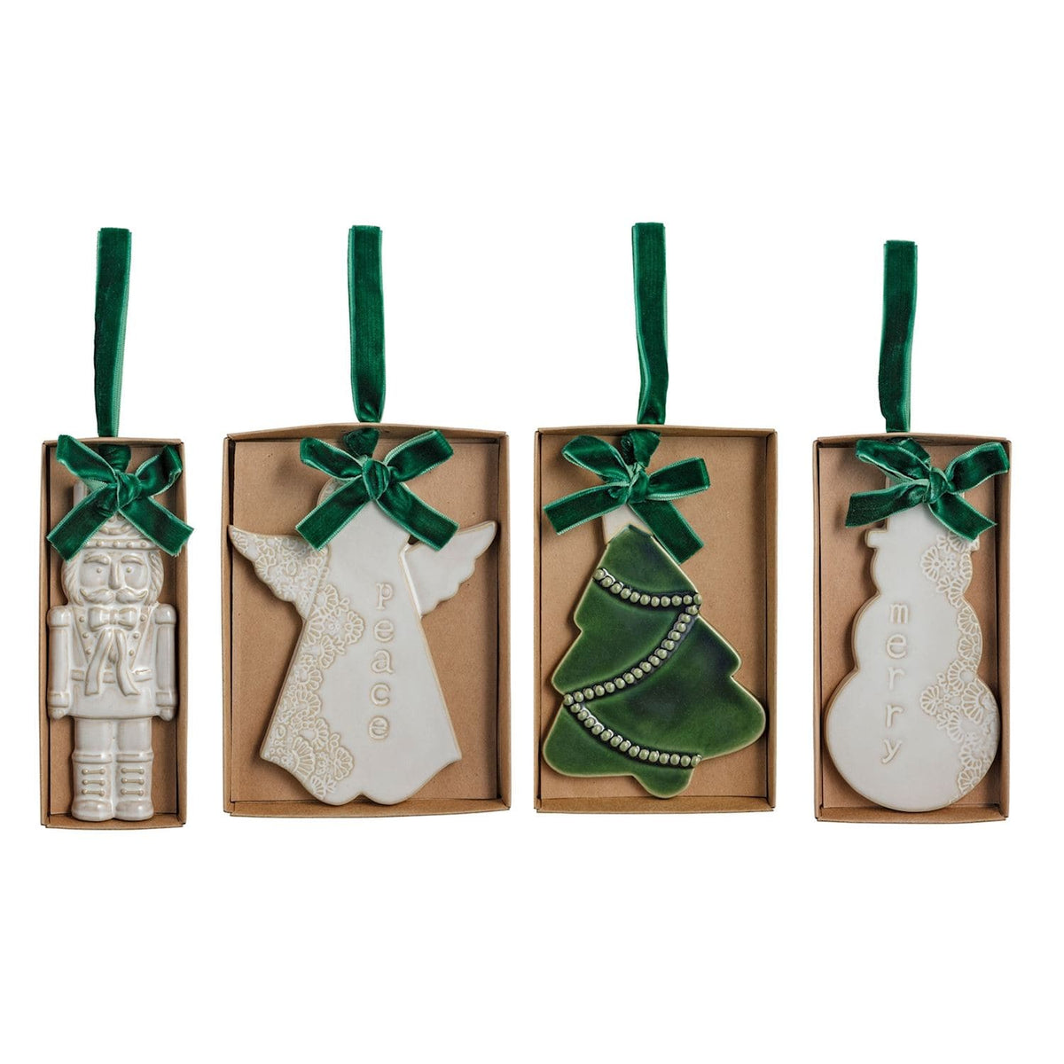 Mudpie white ceramic Christmas ornaments: nutcracker, angel, tree, snowman with green velvet ribbons