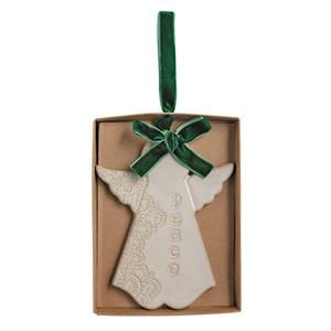 White ceramic angel ornament with lace detail and green velvet ribbon bow