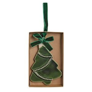 Green ceramic Christmas tree ornament with bead garland detail in gift box