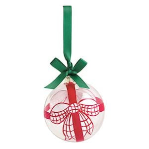 Clear glass ball ornament with red bow design and green ribbon hanger