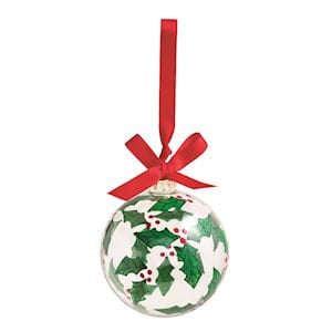 Mudpie glass ball ornament with holly leaf pattern and red ribbon bow