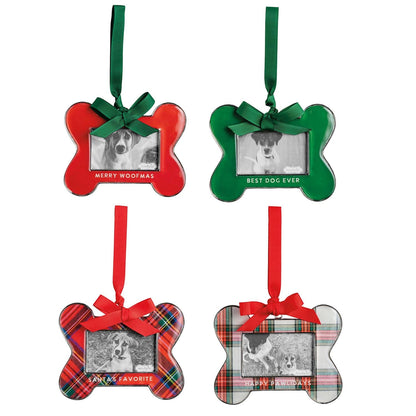 Mudpie bone-shaped dog photo frame Christmas ornaments in red, green, and plaid, set of 4