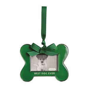 Green bone-shaped ornament with dog photo frame and Best Dog Ever text
