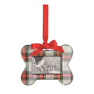Mud Pie plaid bone-shaped photo frame ornament with red ribbon and bow