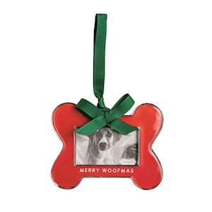 Red bone-shaped photo frame ornament with green bow and Merry Woofmas text
