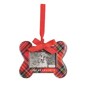 Red plaid bone-shaped photo frame Christmas ornament with red ribbon bow