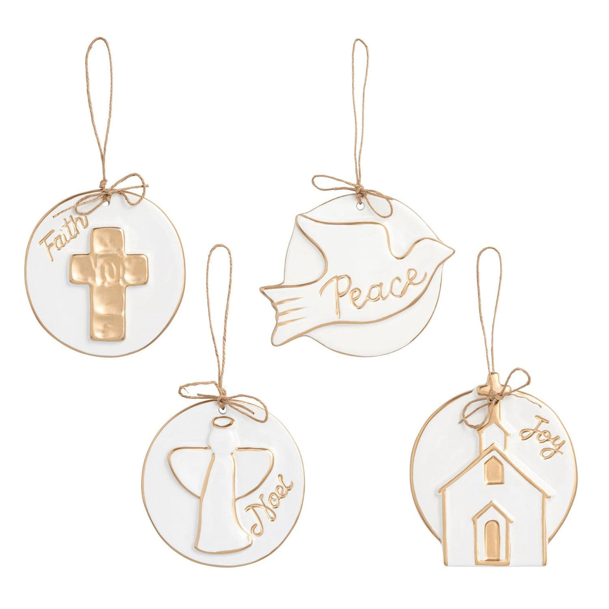 Mudpie white and gold ceramic Christmas ornaments set of 4 with Faith, Peace, Noel, Joy