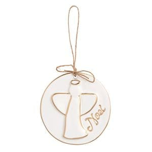 White ceramic disc ornament with gold angel and Noel script, jute hanger
