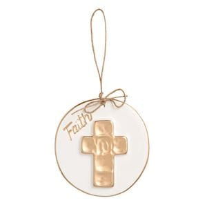 Mudpie white and gold round ornament with cross and Faith inscription