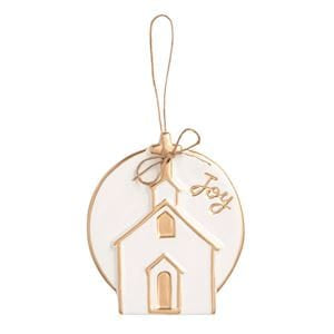 White and gold ceramic disc ornament with church and Joy text