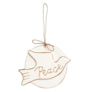 White and gold dove-shaped disc ornament with Peace script and jute hanger