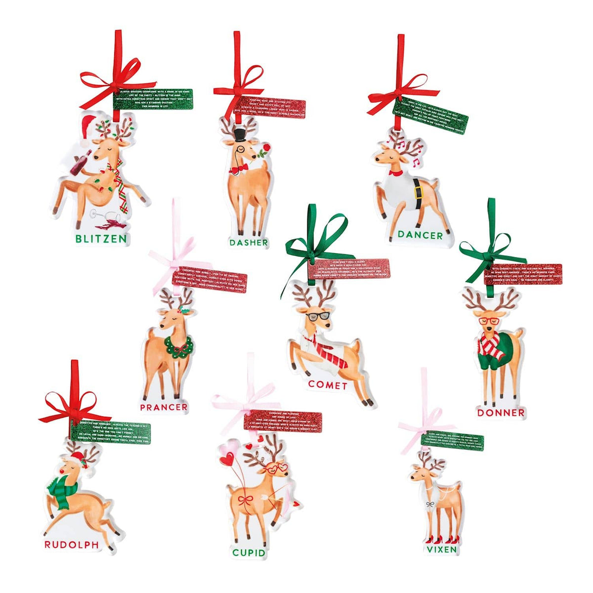 Set of 9 Christmas reindeer ornaments featuring Rudolph Dasher Dancer and all Santa reindeer