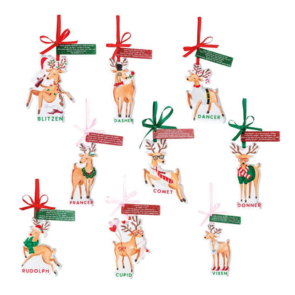 Set of 9 Christmas reindeer ornaments featuring Rudolph Dasher Dancer and all Santa reindeer