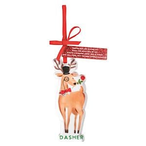 Mudpie Dasher reindeer Christmas ornament with red ribbon and bow tie