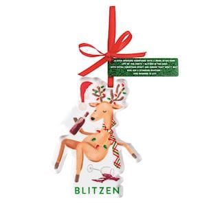 Mudpie Blitzen reindeer Christmas ornament with red ribbon, wearing Santa hat