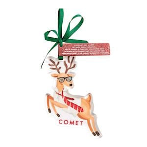 Mudpie Comet reindeer Christmas ornament with glasses, tie, and green ribbon bow