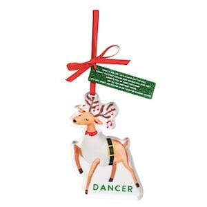 Mudpie Dancer reindeer Christmas ornament with red ribbon and gift tag