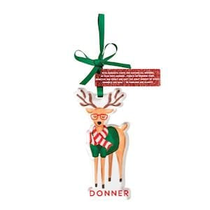 Mudpie Donner reindeer Christmas ornament with green bow, glasses, and scarf