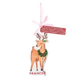 Mudpie Prancer reindeer Christmas ornament with green wreath and pink ribbon