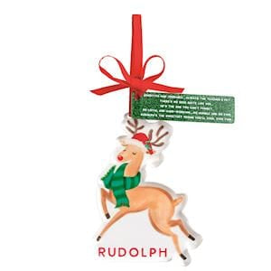 Mudpie Rudolph reindeer Christmas ornament with red bow and green scarf