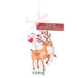 Mudpie Cupid reindeer Christmas ornament with pink bow, hearts, and glitter tag