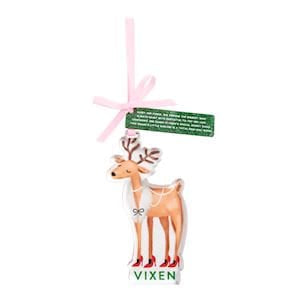 Mudpie Vixen reindeer Christmas ornament with pink ribbon, red heels, pearl necklace
