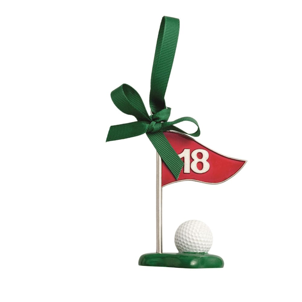 Golf ornament with red flag numbered 18, white golf ball, green base, and green ribbon bow