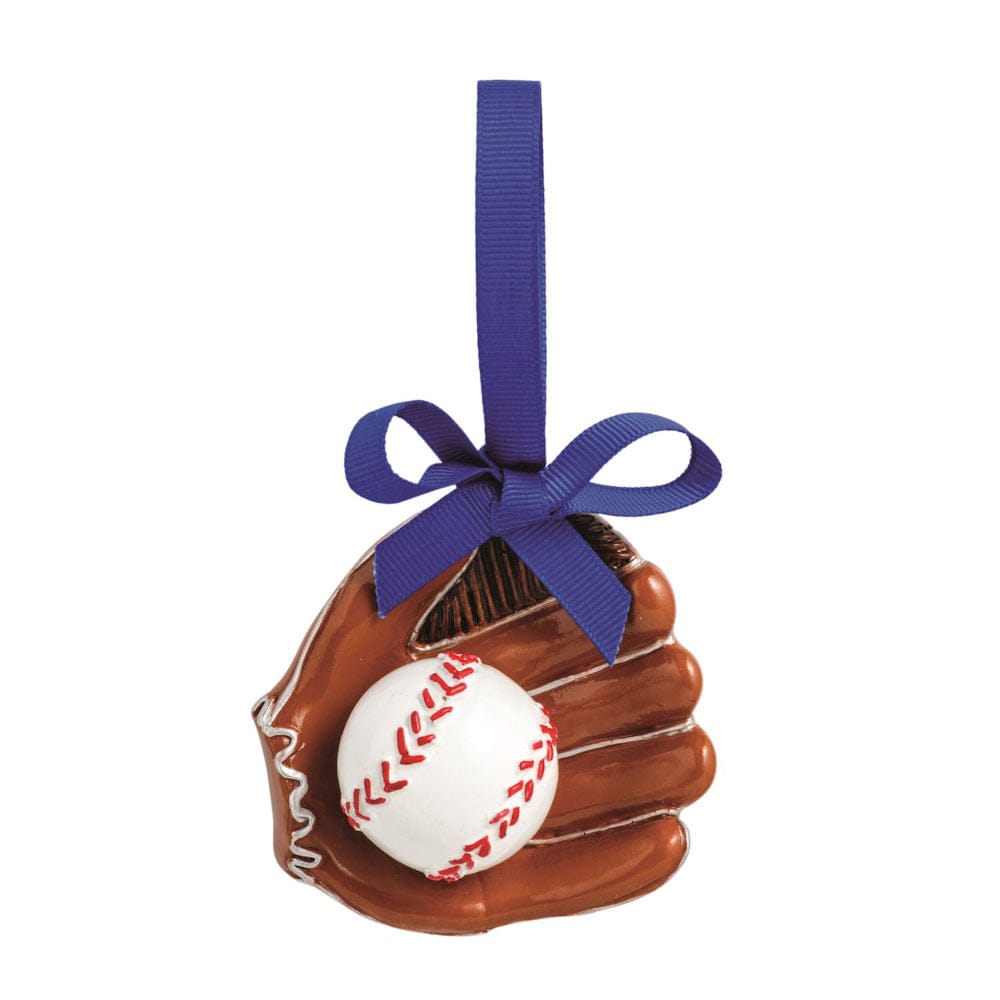 Baseball glove ornament holding a white baseball, decorated with a blue grosgrain ribbon bow