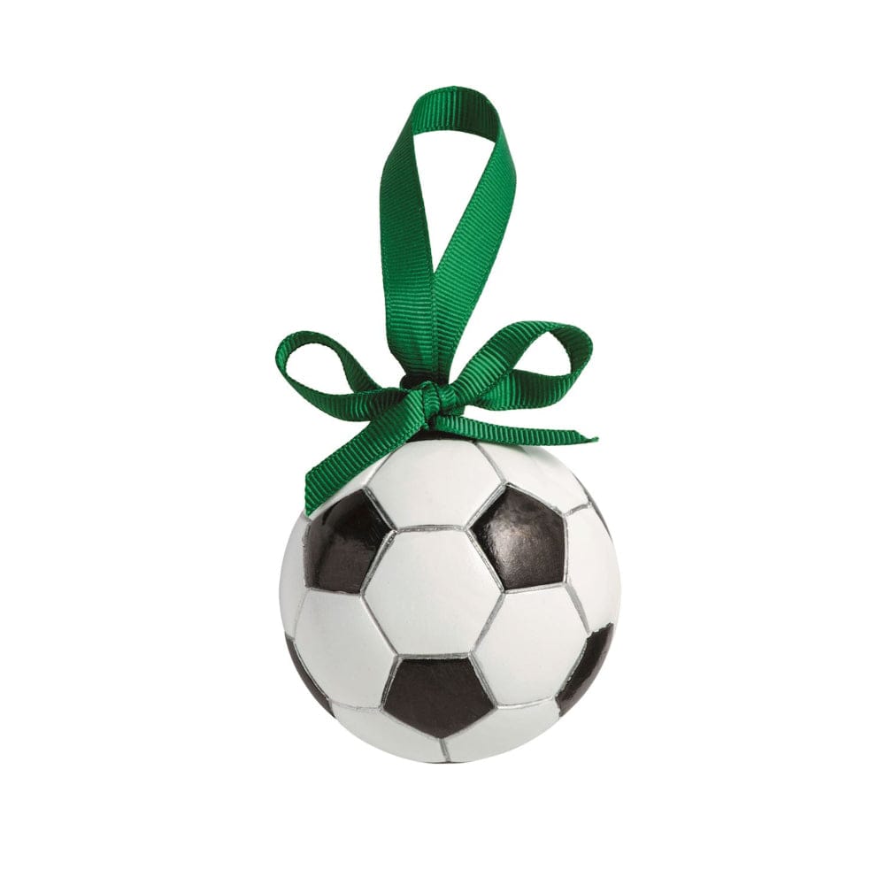 Soccer ball-shaped holiday ornament with green grosgrain ribbon bow, front view