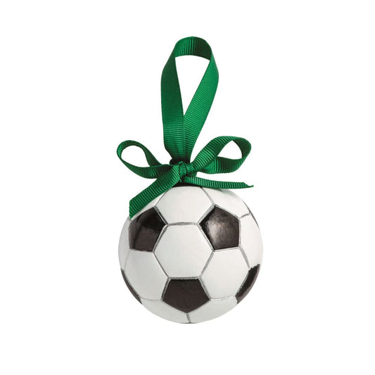 Soccer ball-shaped holiday ornament with green grosgrain ribbon bow, front view