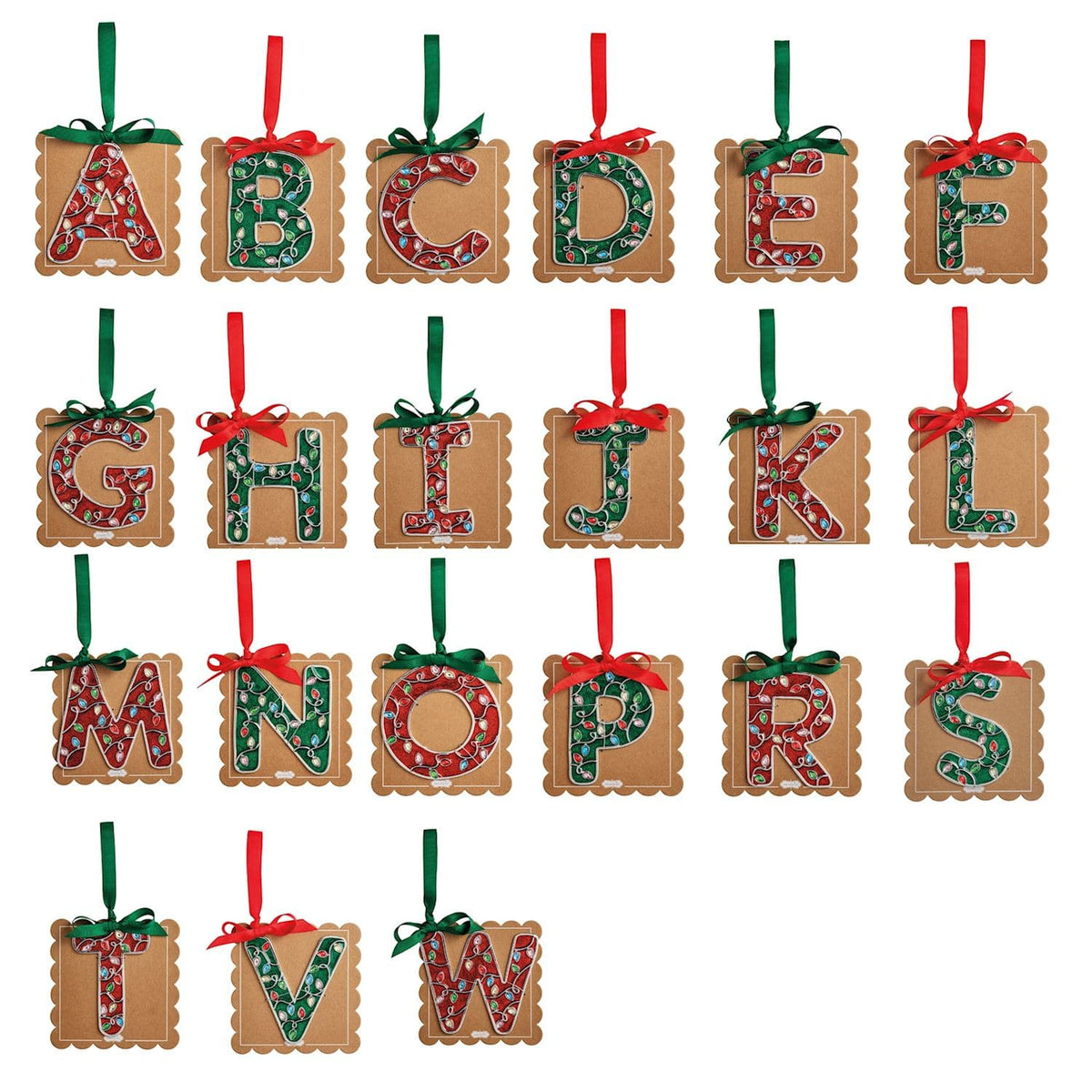 Christmas letter initial ornaments A-W red green enamel lights on kraft brown scalloped tags