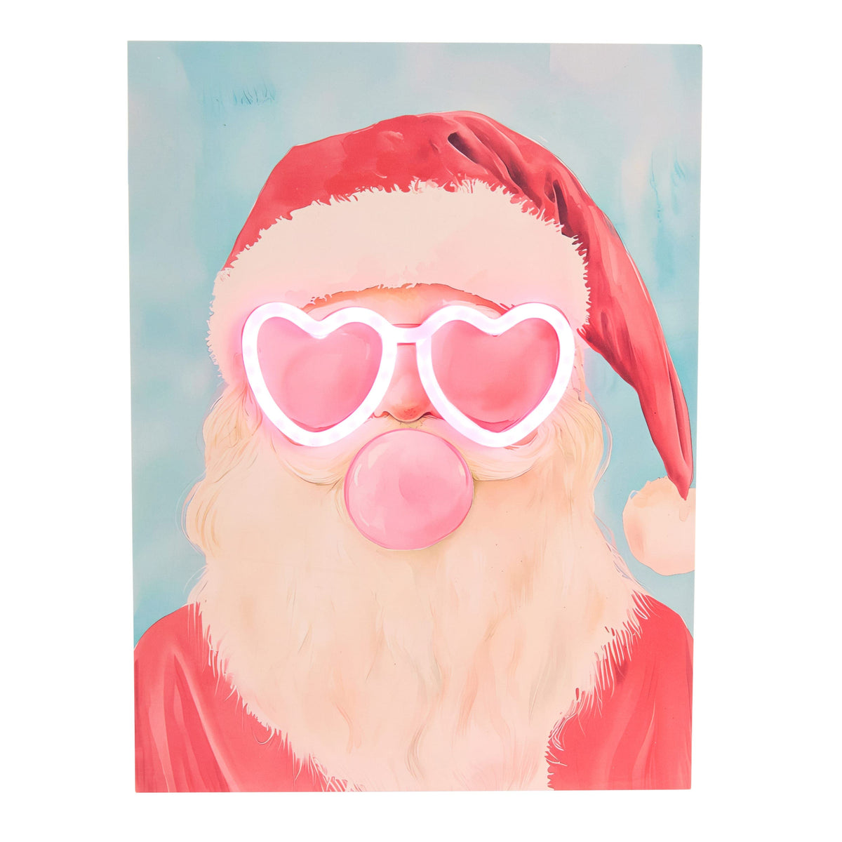 Santa Claus wall art with glowing neon heart-shaped glasses blowing a pink bubble gum bubble