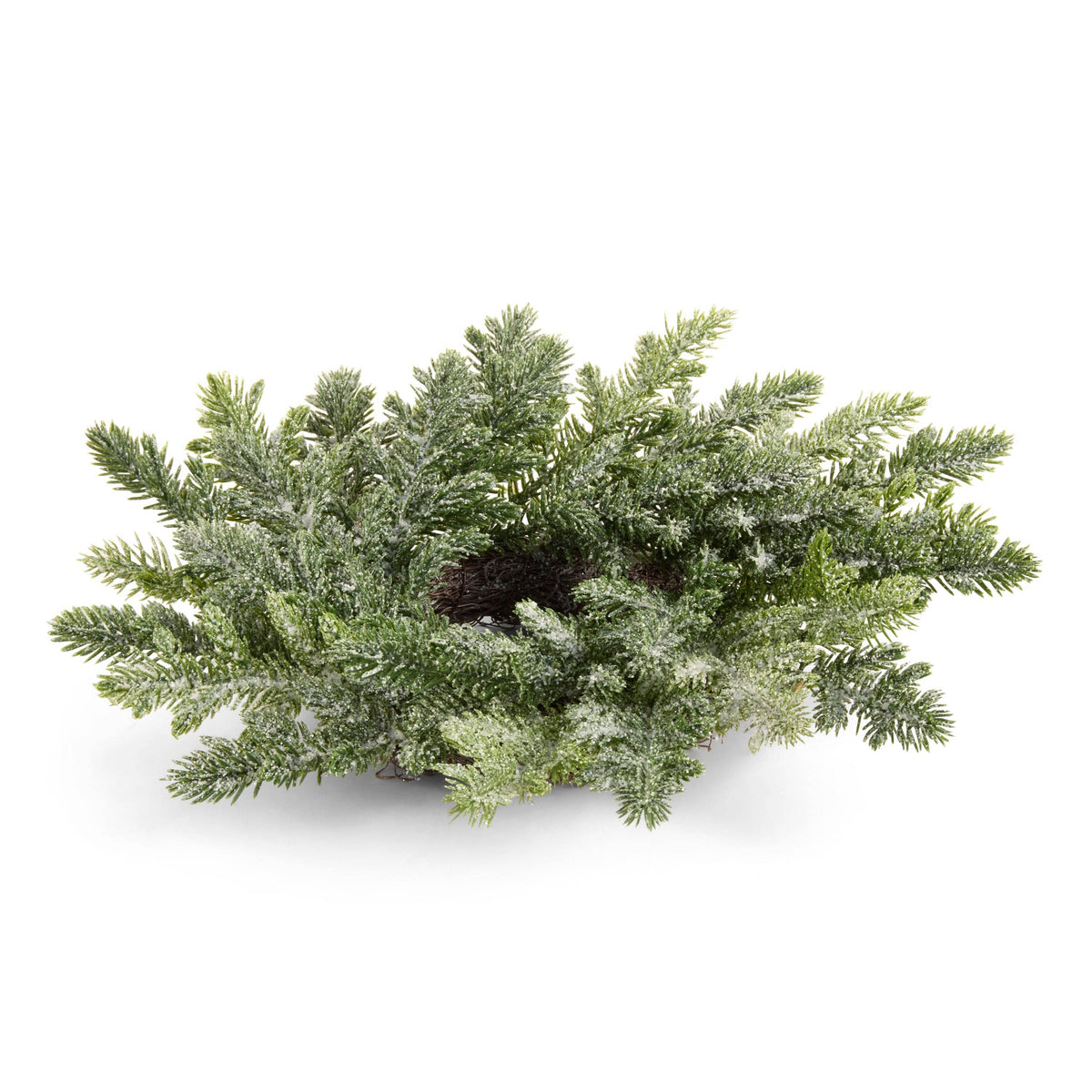 Frosted pine needle candle ring wreath with icy white dusting on green branches, top view