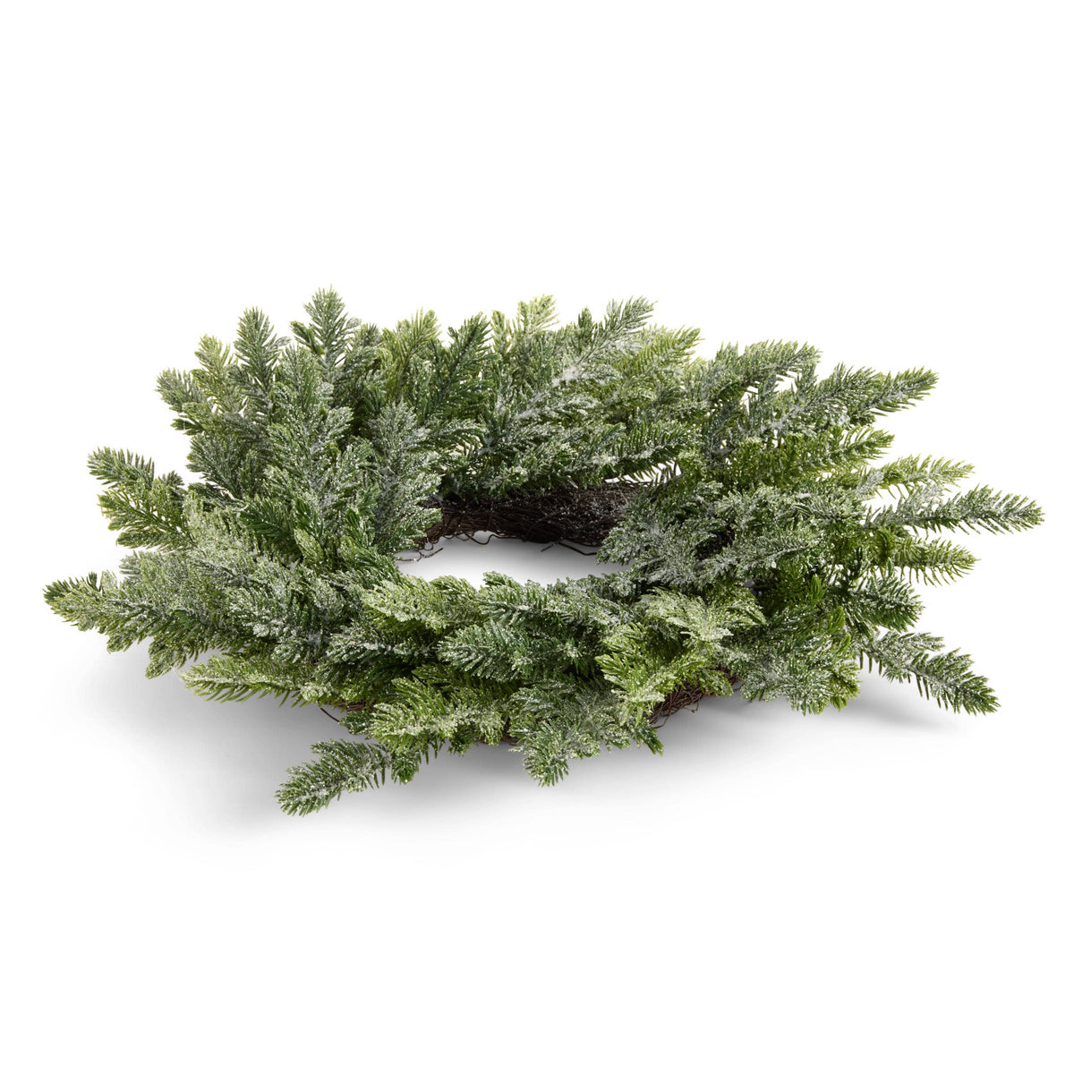 Circular pine wreath candle ring with frosted icy tips, viewed from slight angle