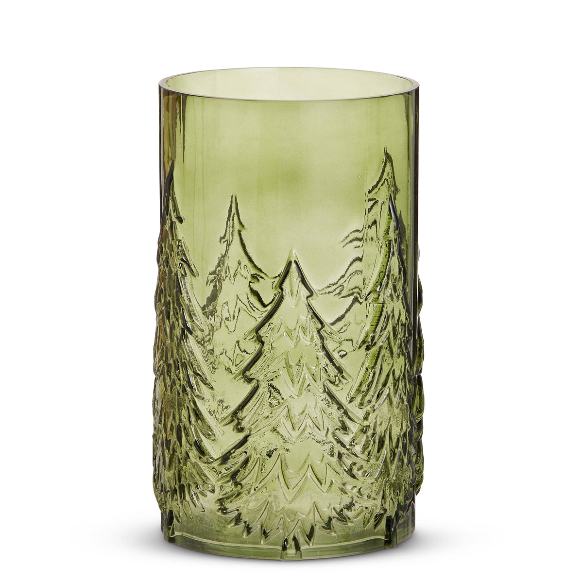 Translucent green glass cylindrical vase with embossed evergreen tree forest pattern