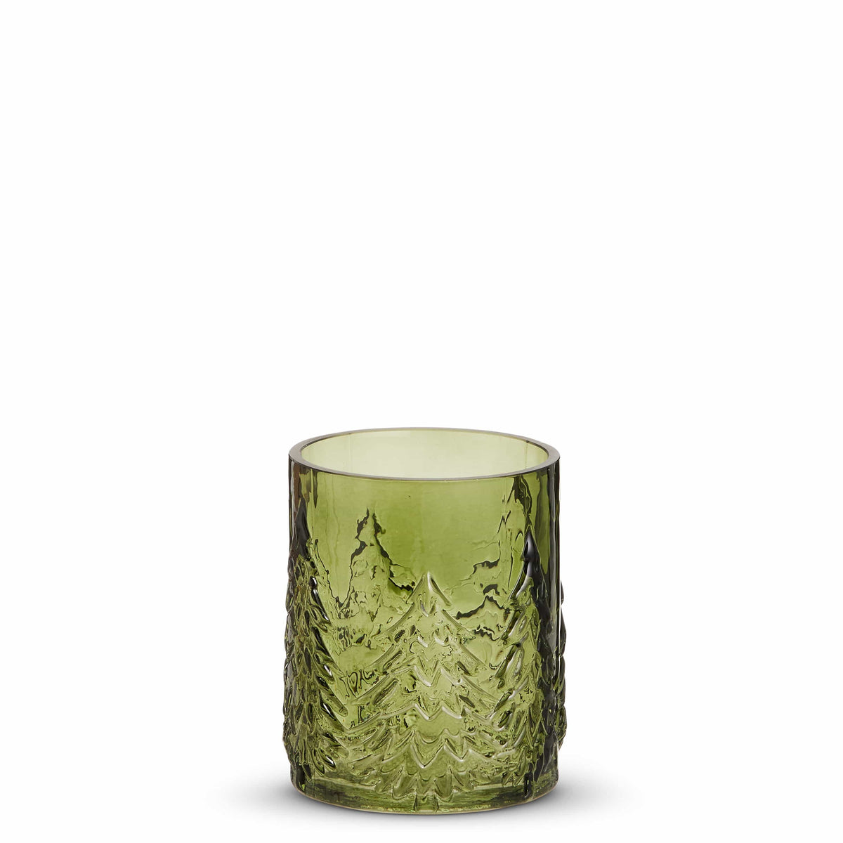 Green textured glass container with embossed evergreen tree forest pattern, front view