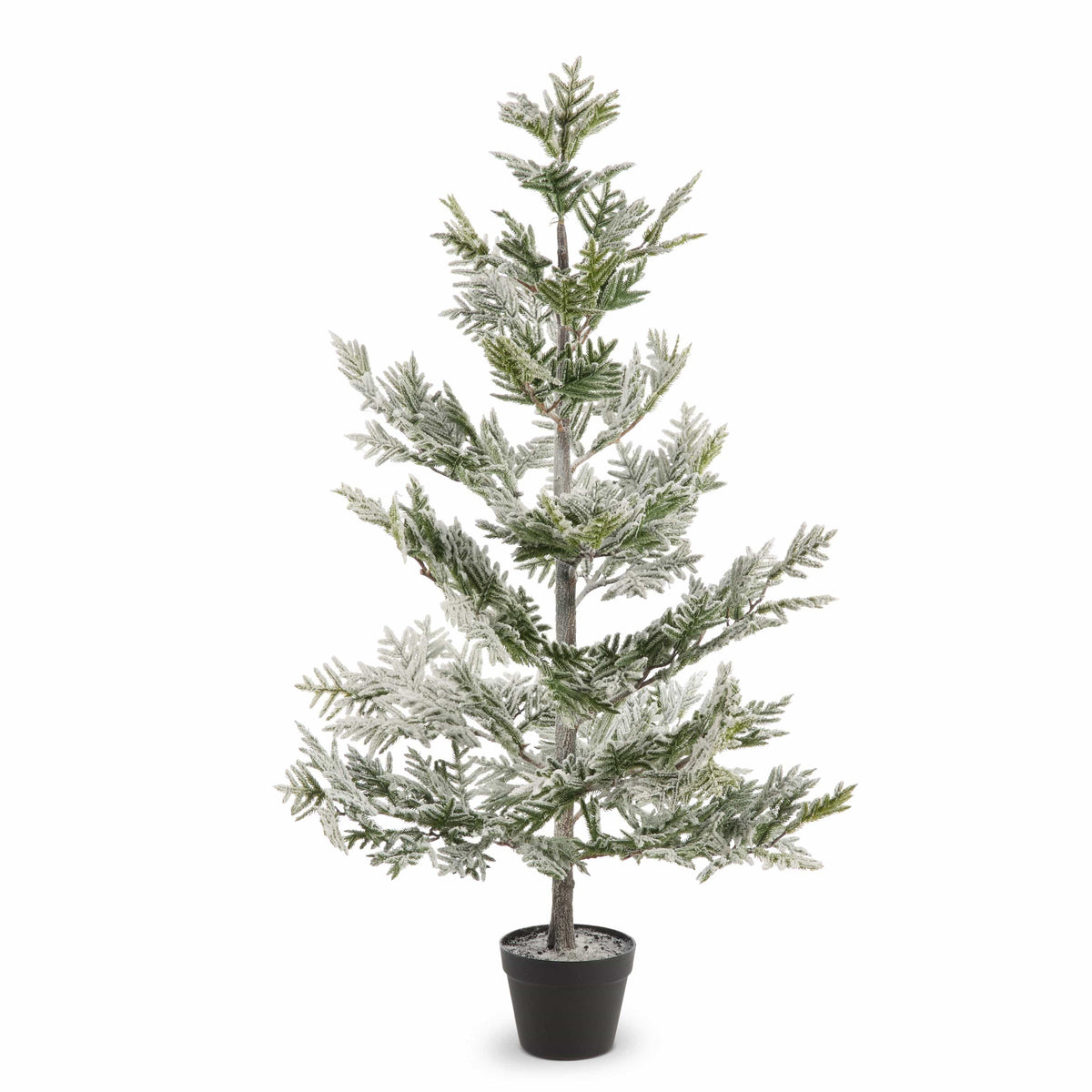 Potted artificial pine tree with white snow flocking in a black plastic pot, front view