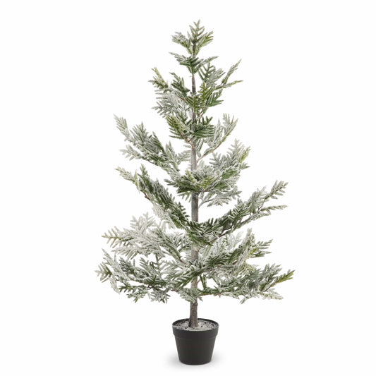 Potted artificial pine tree with white snow flocking in a black plastic pot, front view
