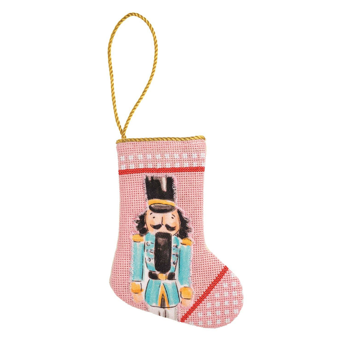 Pink mini needlepoint Christmas stocking ornament with nutcracker design and gold hanging loop