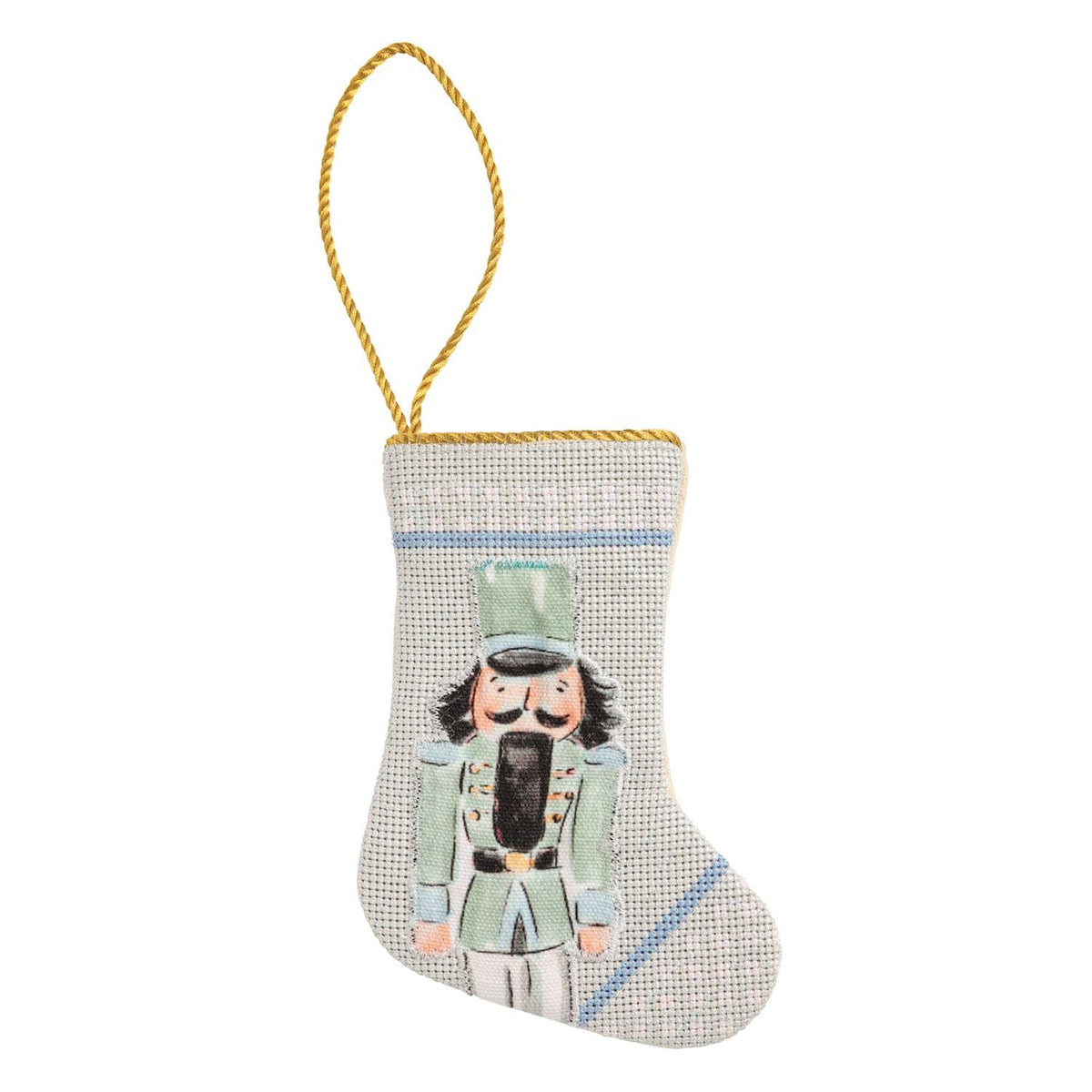 Mudpie mini Christmas stocking ornament with nutcracker print and gold hanging loop