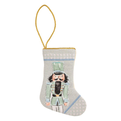 Mudpie mini Christmas stocking ornament with nutcracker print and gold hanging loop