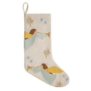 Cream Christmas stocking with angel figures blowing trumpets and gold star accents