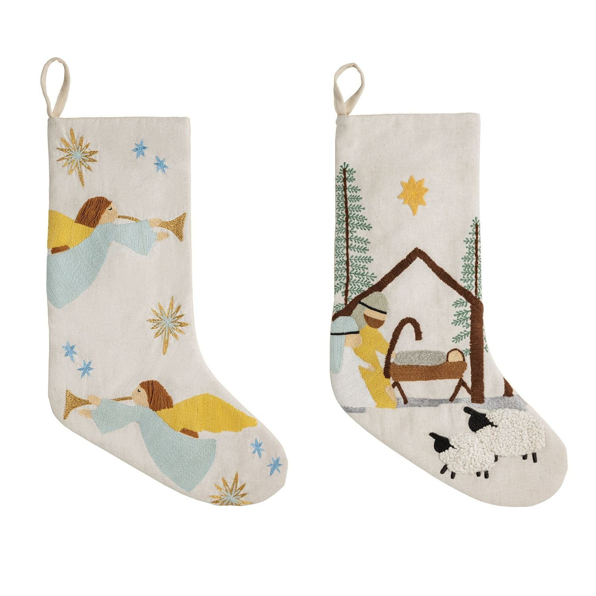 Mud Pie cream embroidered Christmas stockings with angels and nativity scene, set of 2