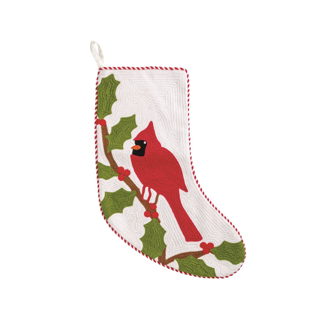 White embroidered Christmas stocking with red cardinal bird and holly branch design