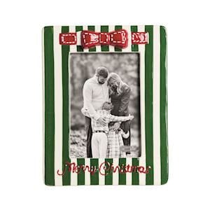 Green and white striped Christmas picture frame with red bow accent and Merry Christmas text